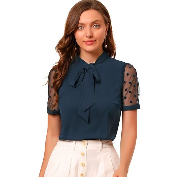 Bow Tie V Neck Stand Collar Short Mesh Sleeve Blouse Navy Blue - Picture 1 of 6